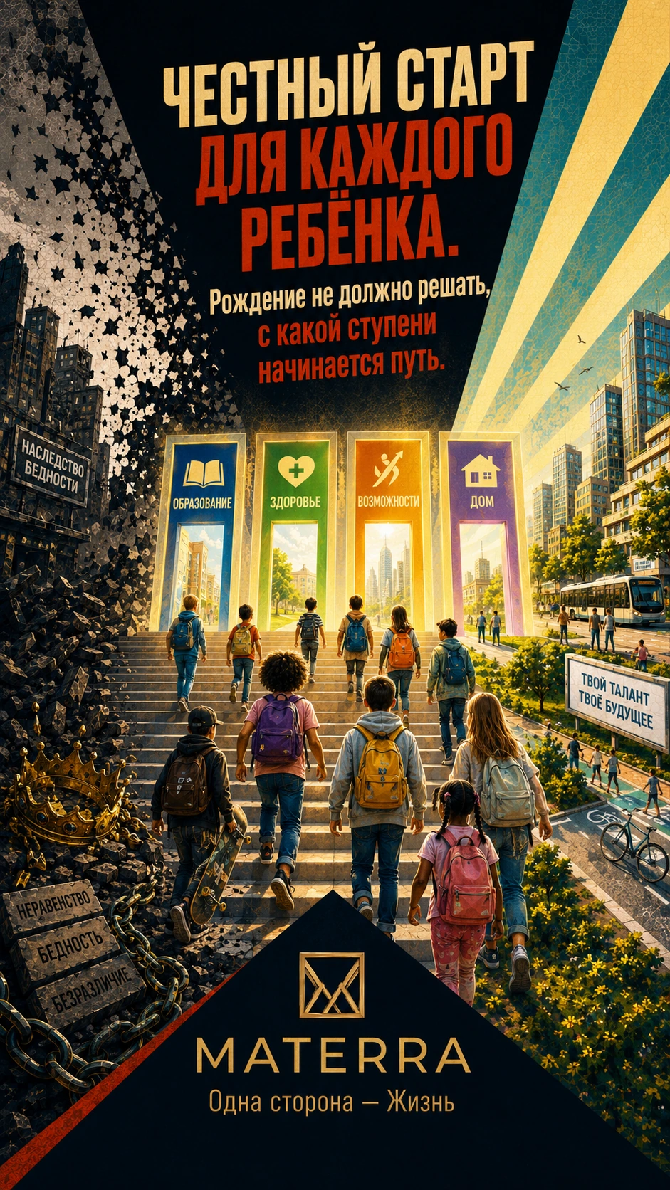 Плакат MATERRA: Честный старт для каждого ребёнка. Рождение не должно решать, с какой ступени начинается путь.