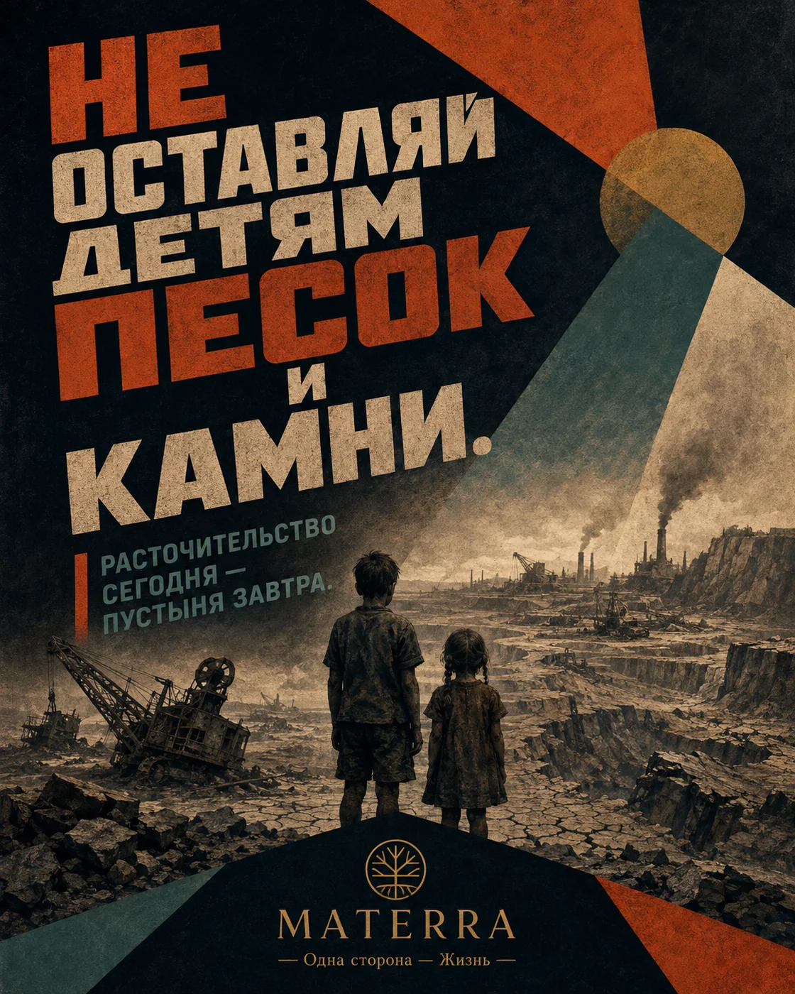 Плакат: Не оставляй детям песок и камни. Двое детей смотрят на разрушенную добычей землю.