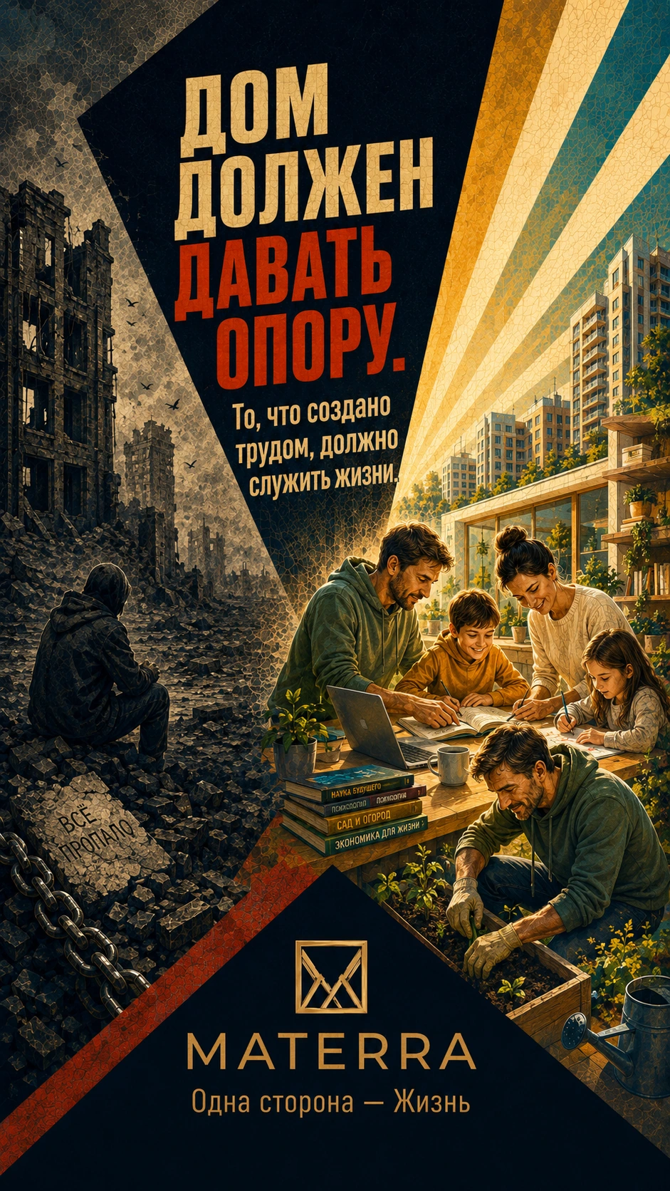 Плакат MATERRA: Дом должен давать опору. То, что создано трудом, должно служить жизни.