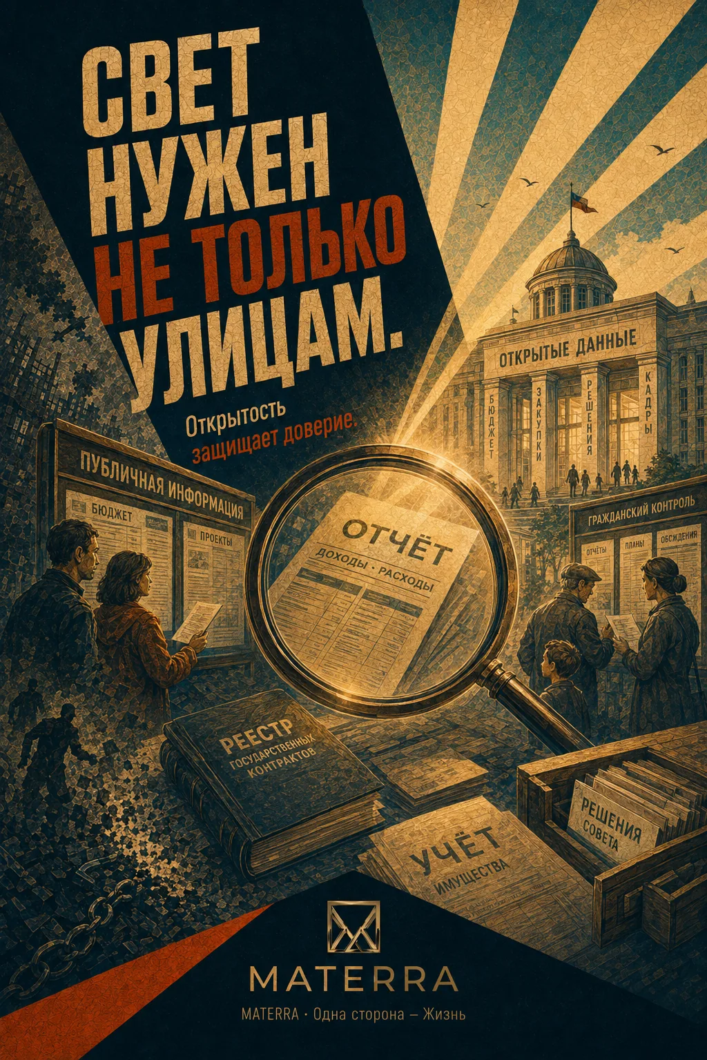 Плакат MATERRA: Свет нужен не только улицам. Открытость защищает доверие.