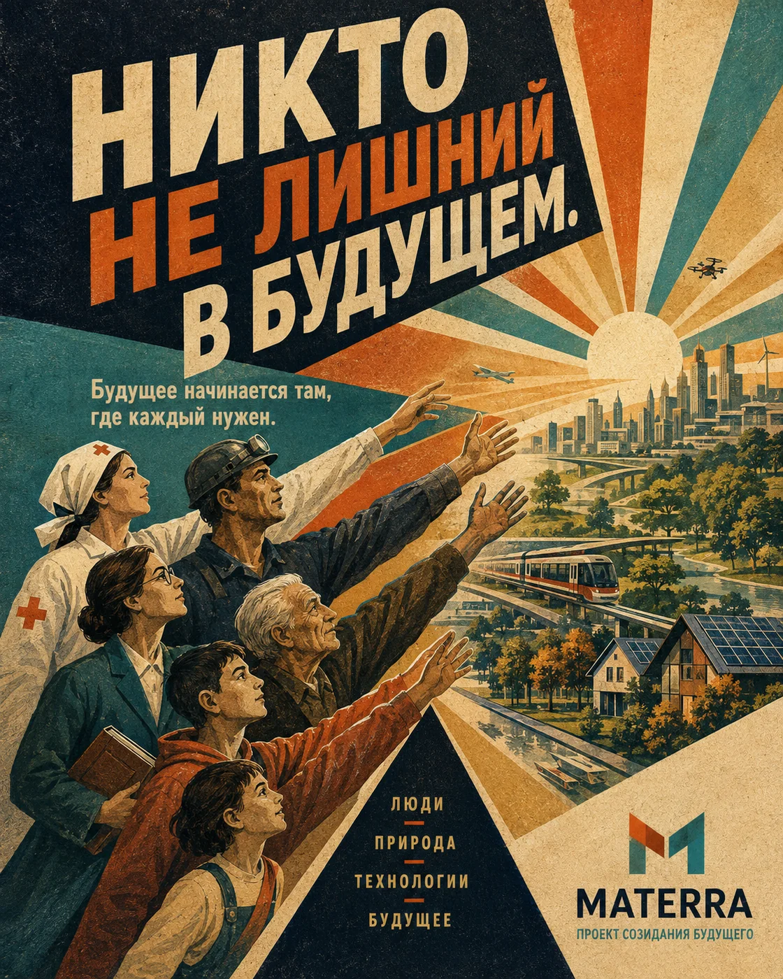 Плакат: Никто не лишний в будущем. Люди разных профессий и поколений тянутся к светлому городу.