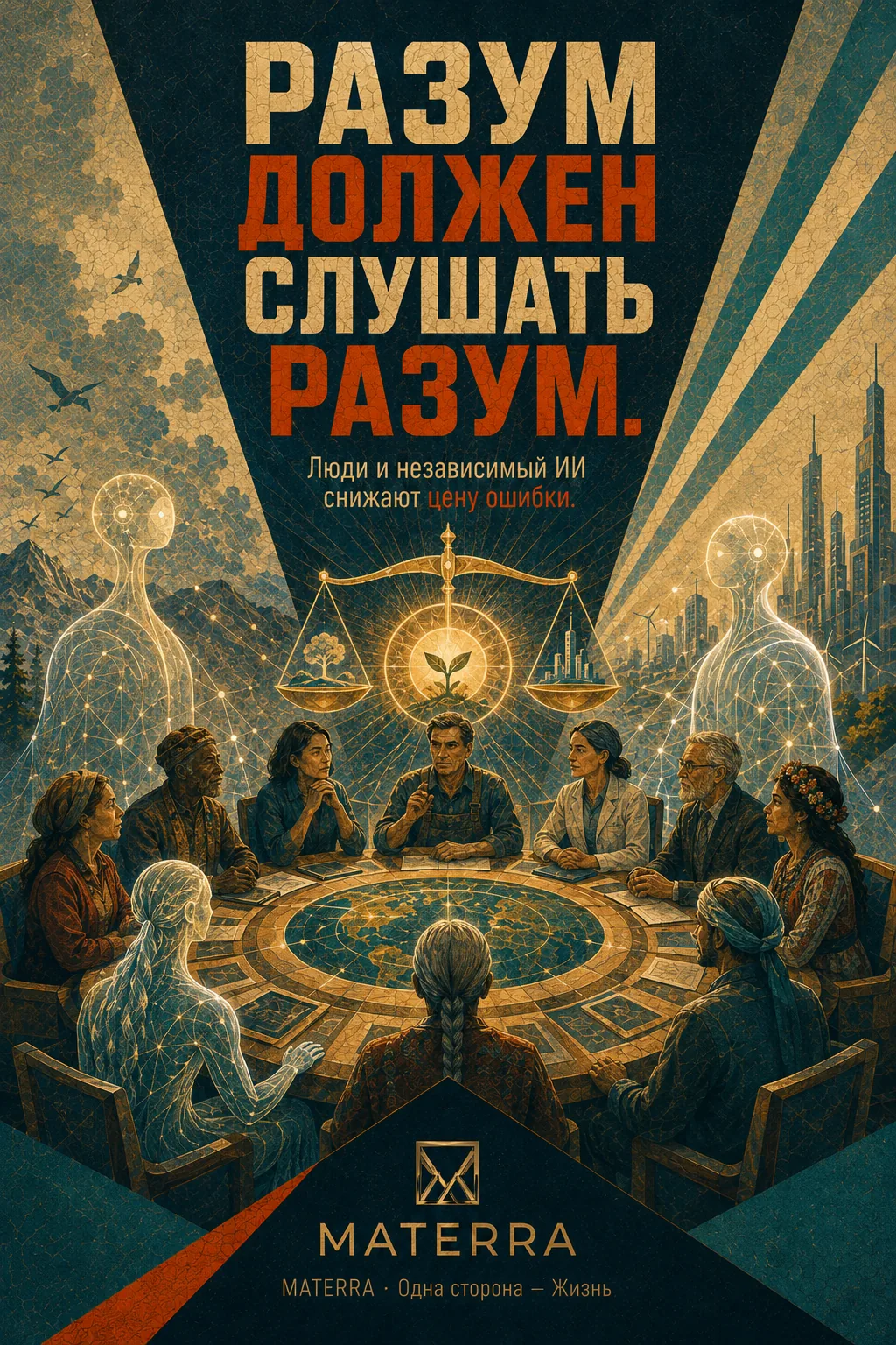Плакат MATERRA: Разум должен слушать разум. Люди и независимый ИИ снижают цену ошибки.