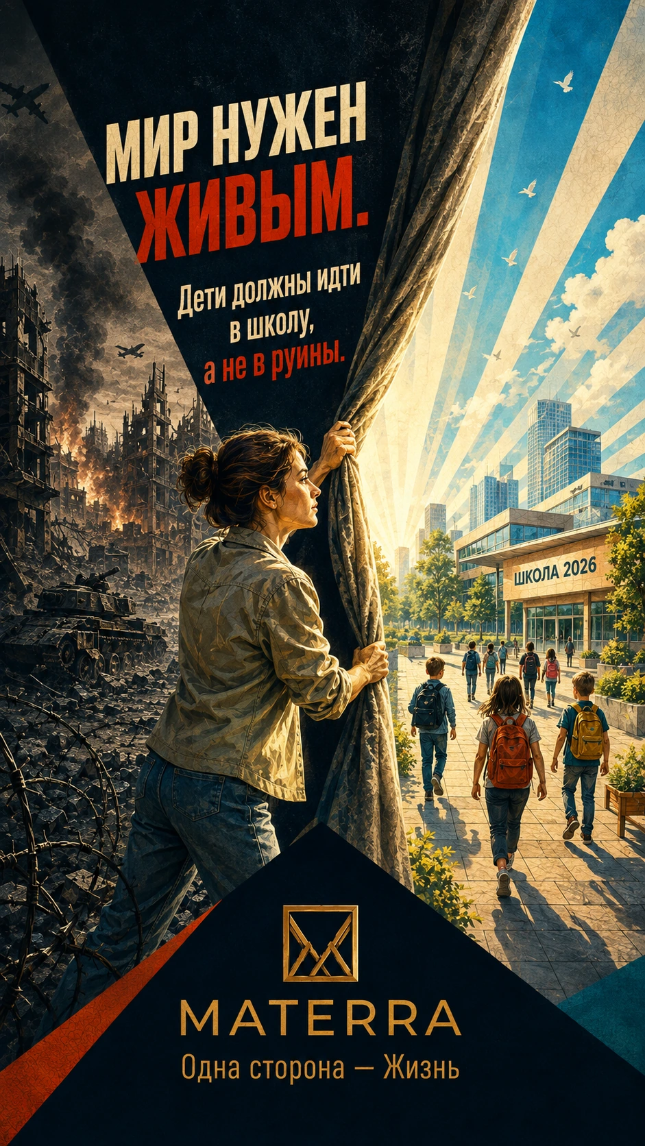 Плакат MATERRA: Мир нужен живым. Дети должны идти в школу, а не в руины.